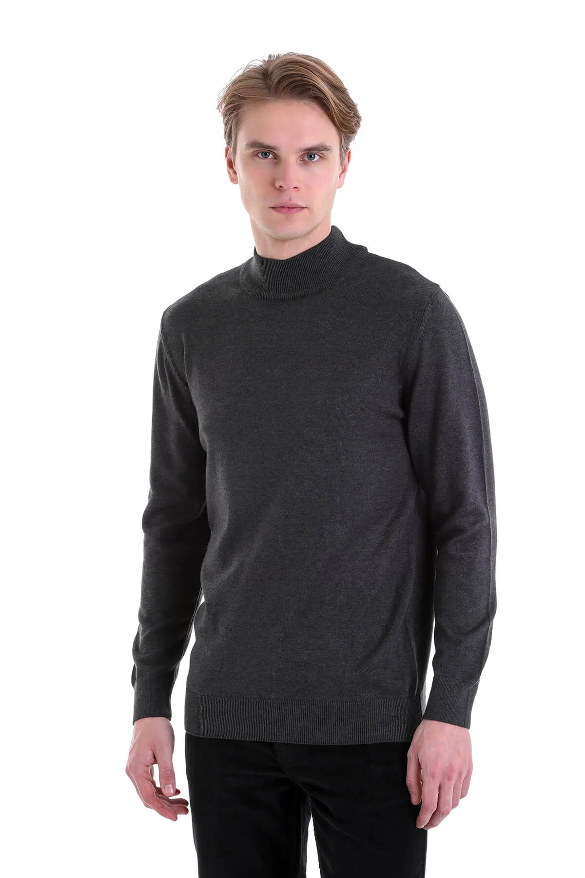 Regular Fit Patterned Cotton Blend Beige Mock Neck Sweater, Charcoal Melange