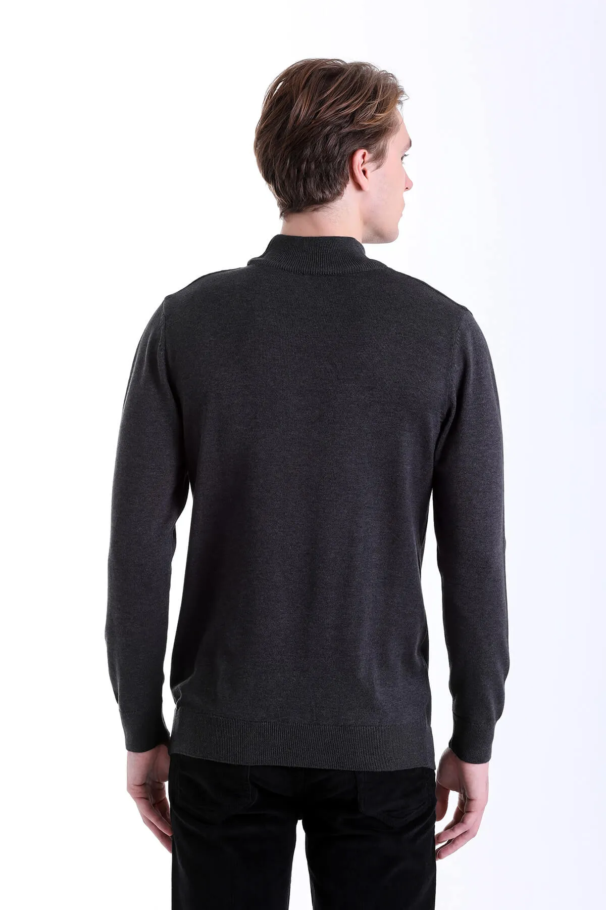 Regular Fit Patterned Cotton Blend Beige Mock Neck Sweater, Charcoal Melange