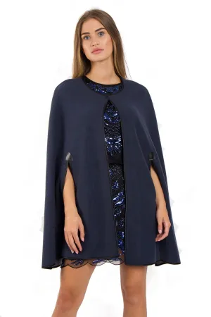 Reversable Pu Leather Trim Poncho Cape