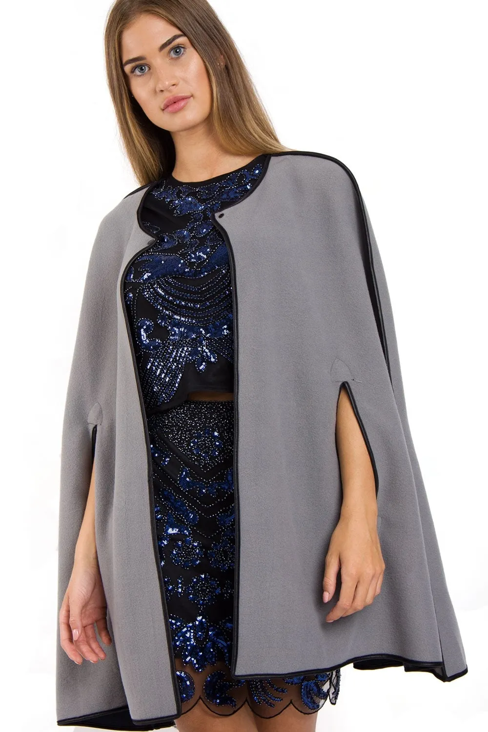 Reversable Pu Leather Trim Poncho Cape