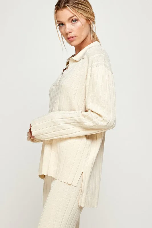 RIB KNIT LOOSE FIT POLO TOP