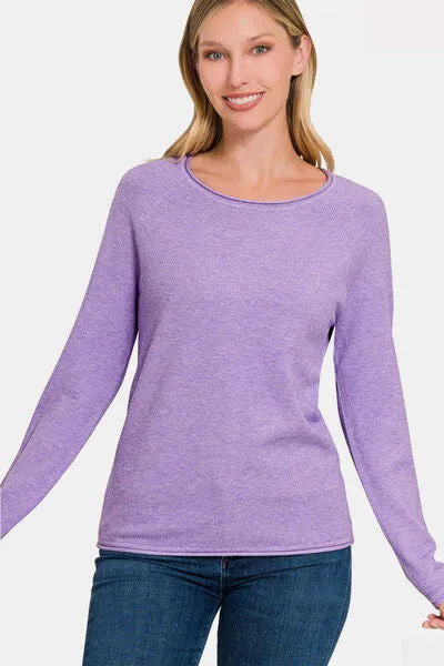 Rolled Round Neck Long Sleeve Sweater