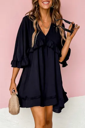 Ruffled 3/4 Sleeve V Neck Babydoll Mini Dress