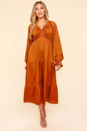 Satin Babydoll Maxi Dress - Rust