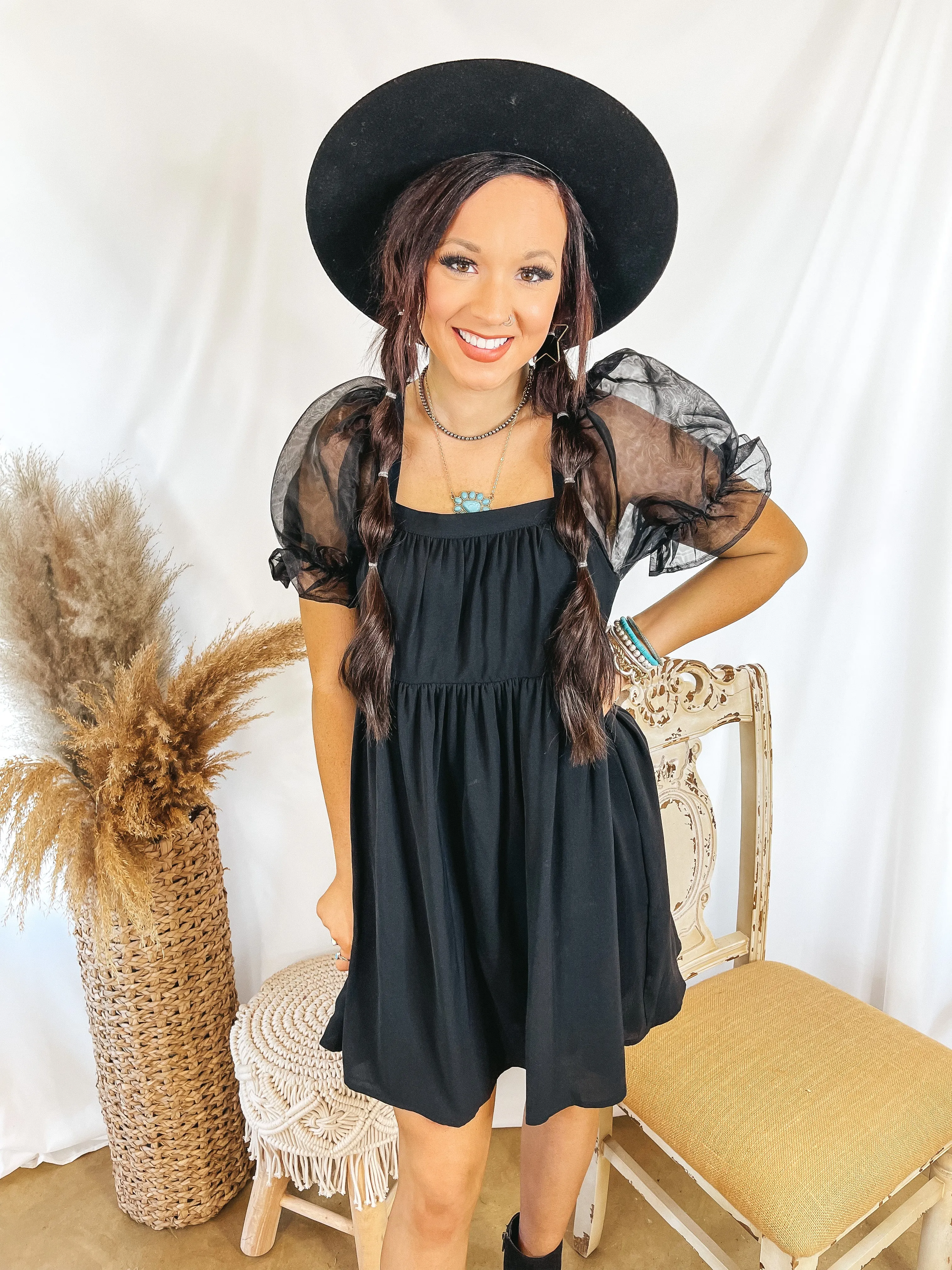 Seasonal Spice Puff Sleeve Babydoll Dress in Black