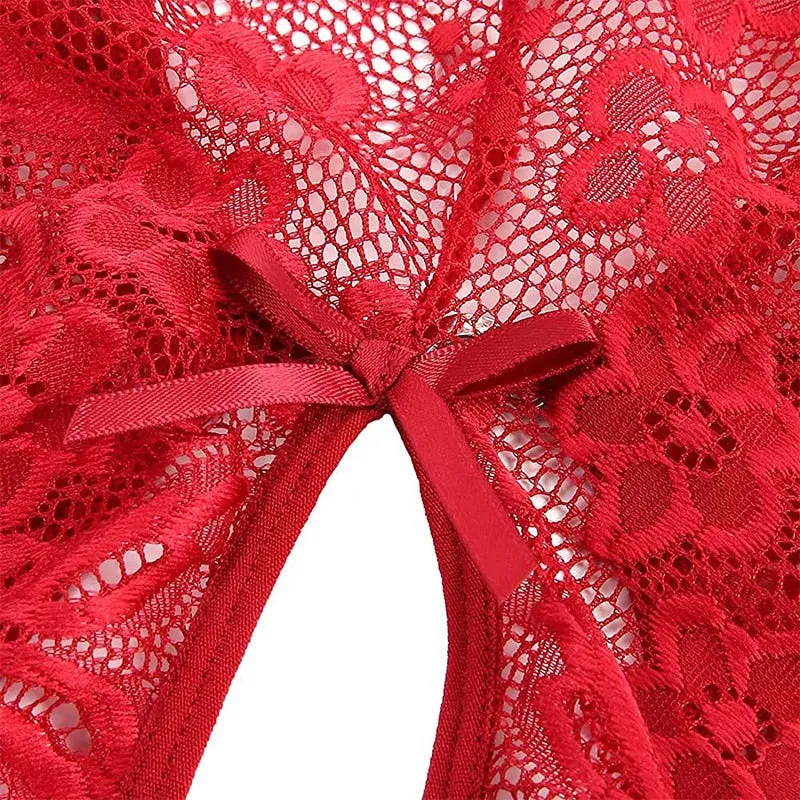 Sexy Crotchless Lingerie Women Lace Hollow Bodysuit Erotic Pajamas Teddy Babydoll Dress Deep V Open Bra Porn Underwear Set