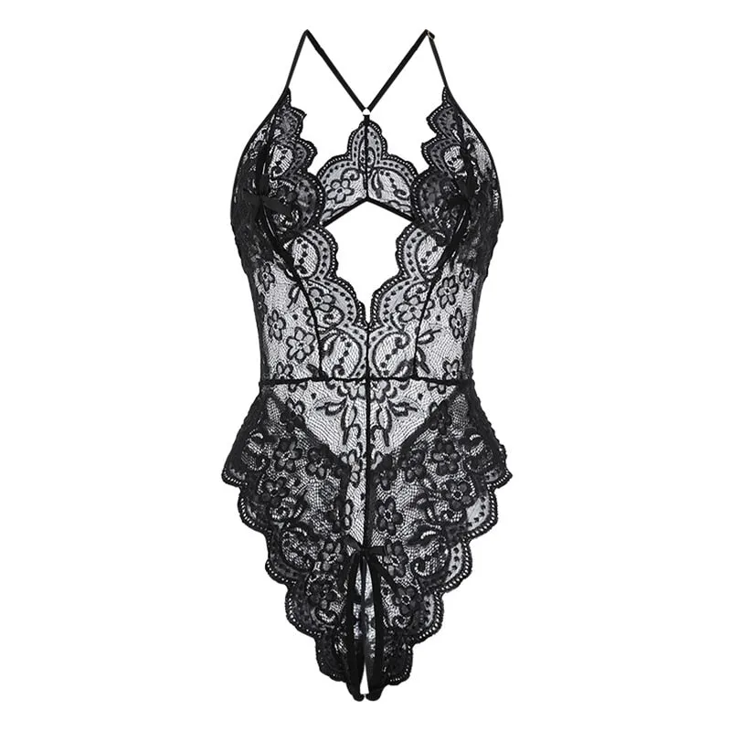 Sexy Crotchless Lingerie Women Lace Hollow Bodysuit Erotic Pajamas Teddy Babydoll Dress Deep V Open Bra Porn Underwear Set