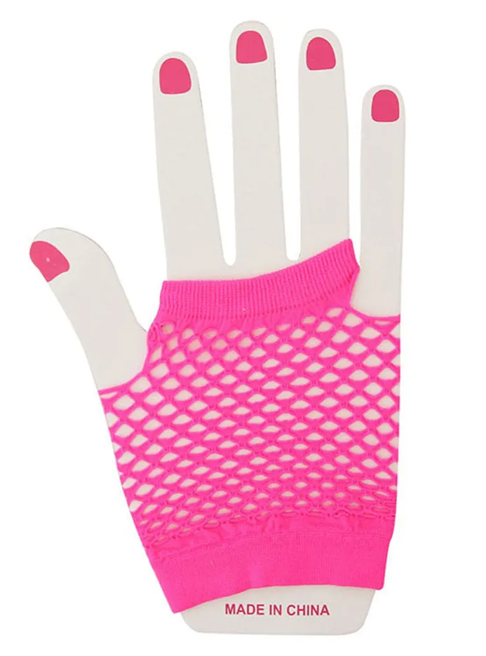 Short Hot Pink 80s Fingerless Fishnet Womens Costume Gloves