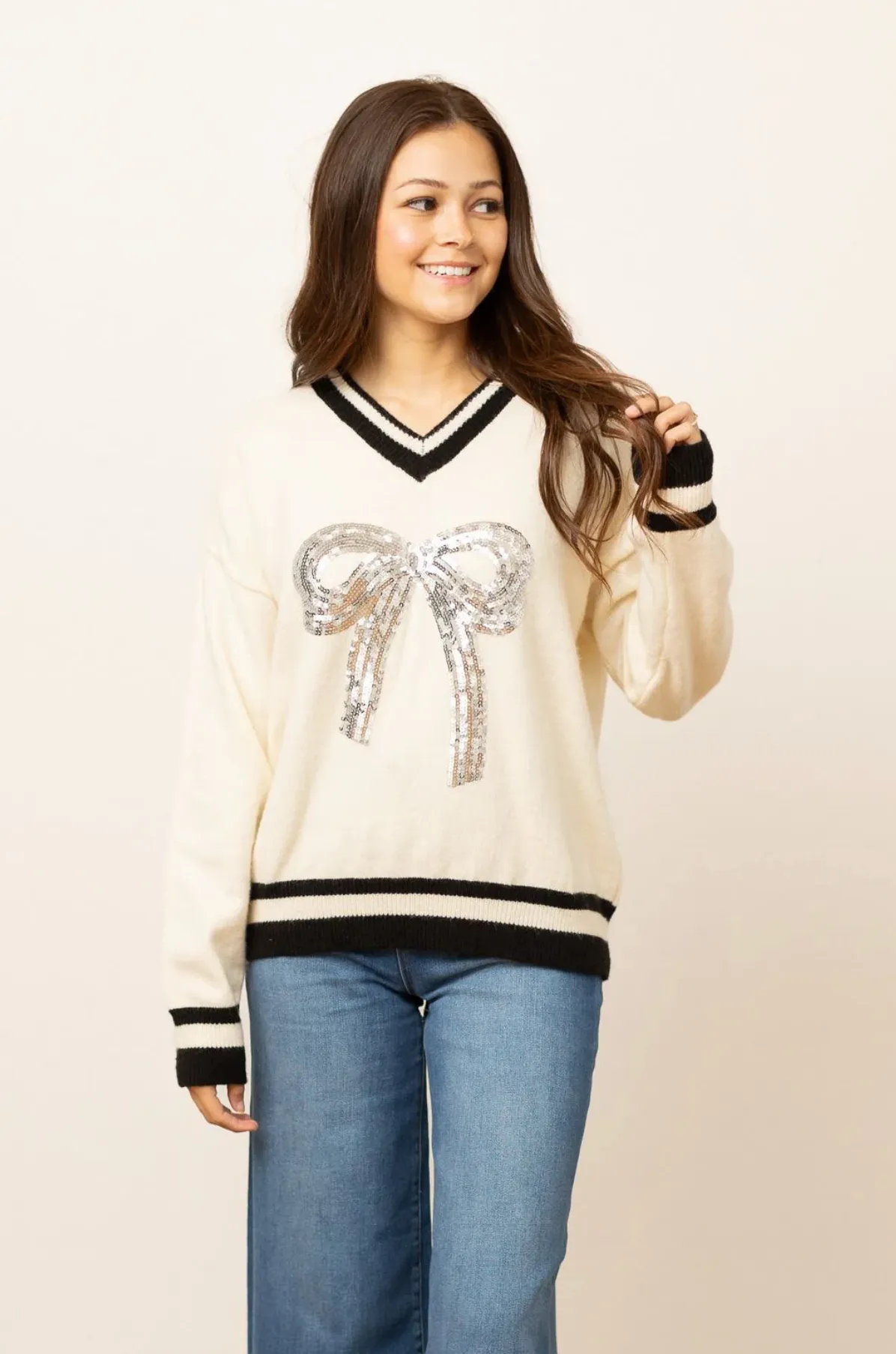 Silver Sequin Bow Sweater