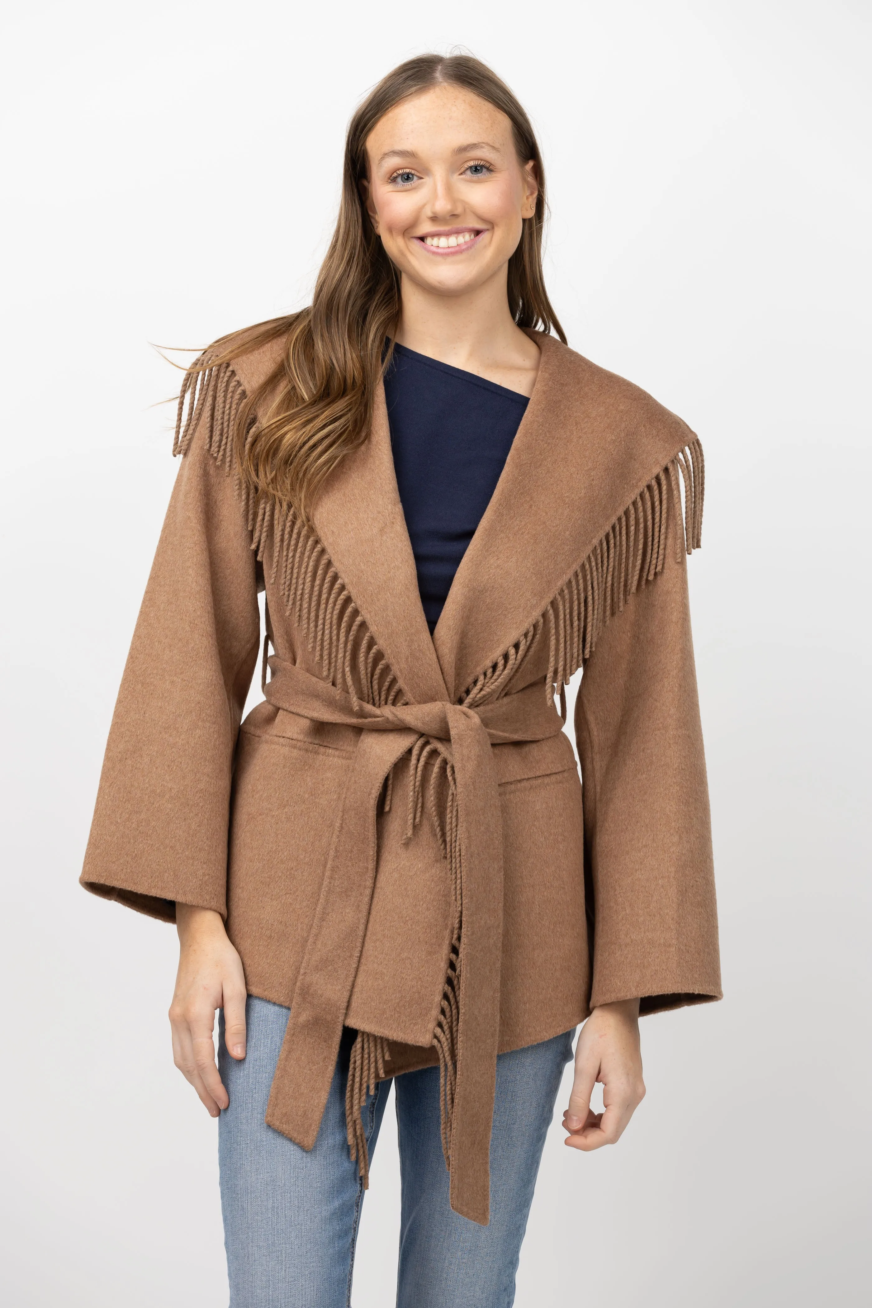 Simkhai Rowen Wool Fringe Coat in Camel