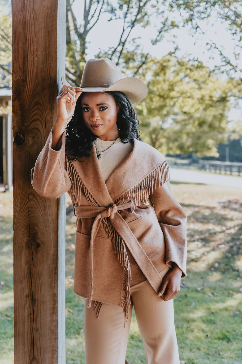 Simkhai Rowen Wool Fringe Coat in Camel