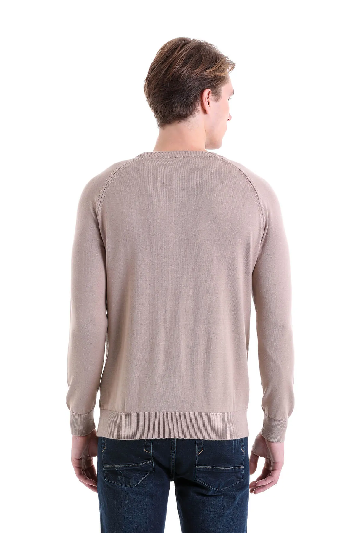 Slim Fit Beige Cotton Blend Crewneck Sweater