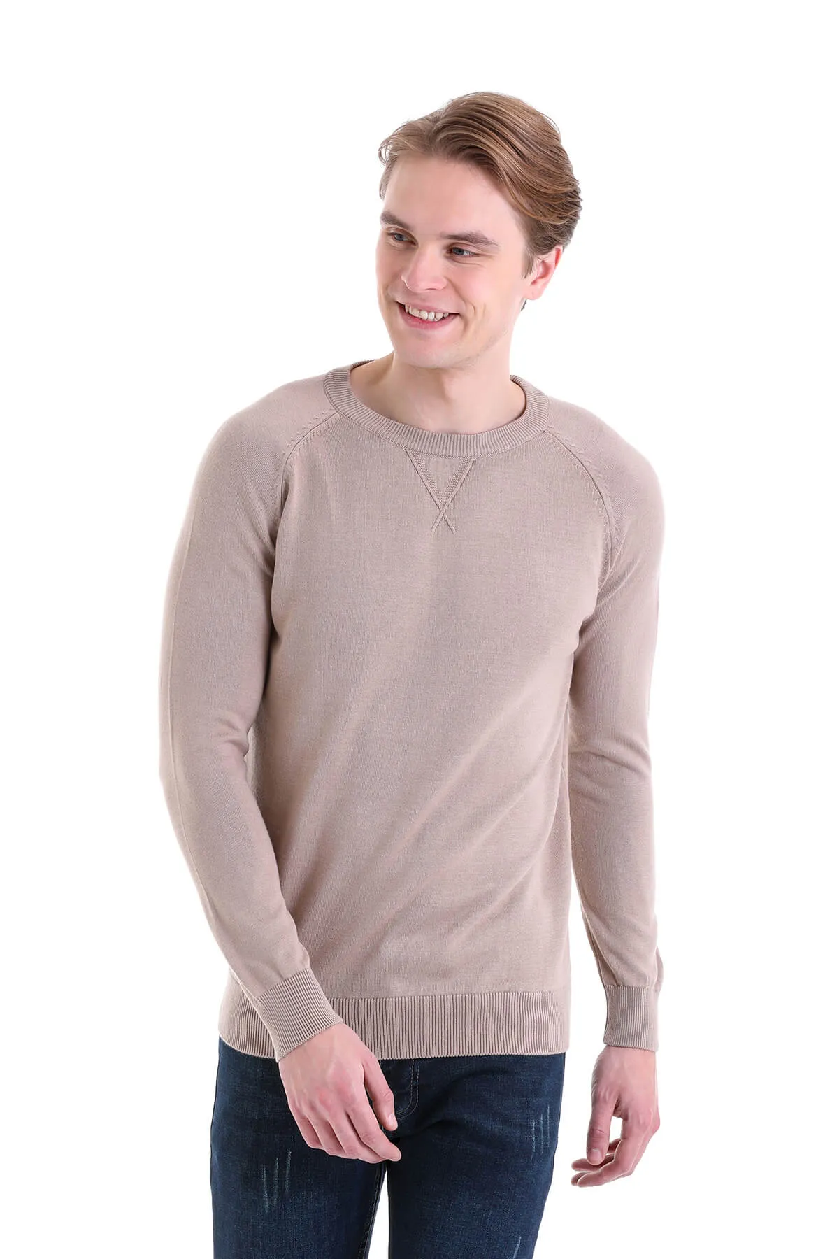 Slim Fit Beige Cotton Blend Crewneck Sweater