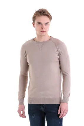 Slim Fit Beige Cotton Blend Crewneck Sweater