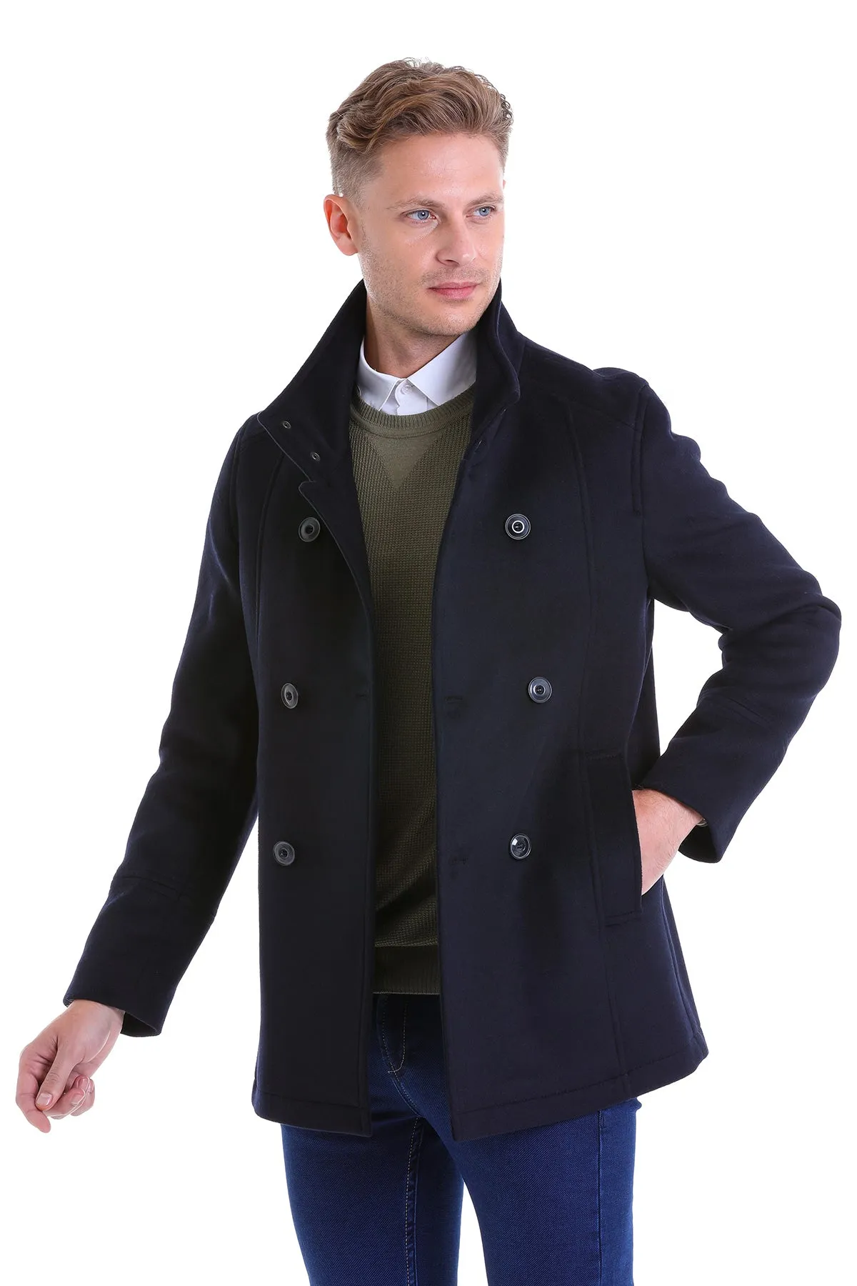 Slim Fit Cachet Double Breasted Navy Wool Blend Coat