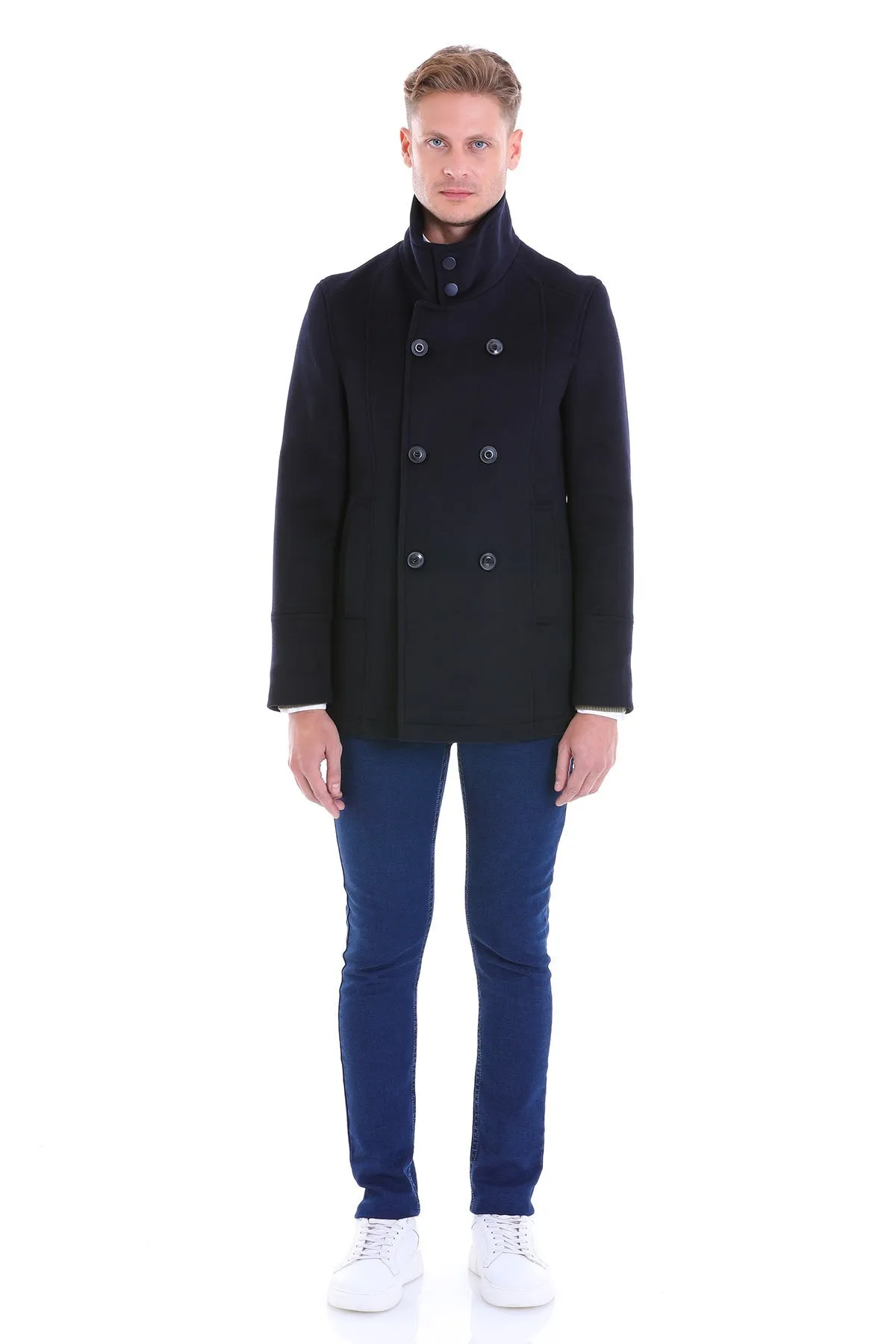 Slim Fit Cachet Double Breasted Navy Wool Blend Coat