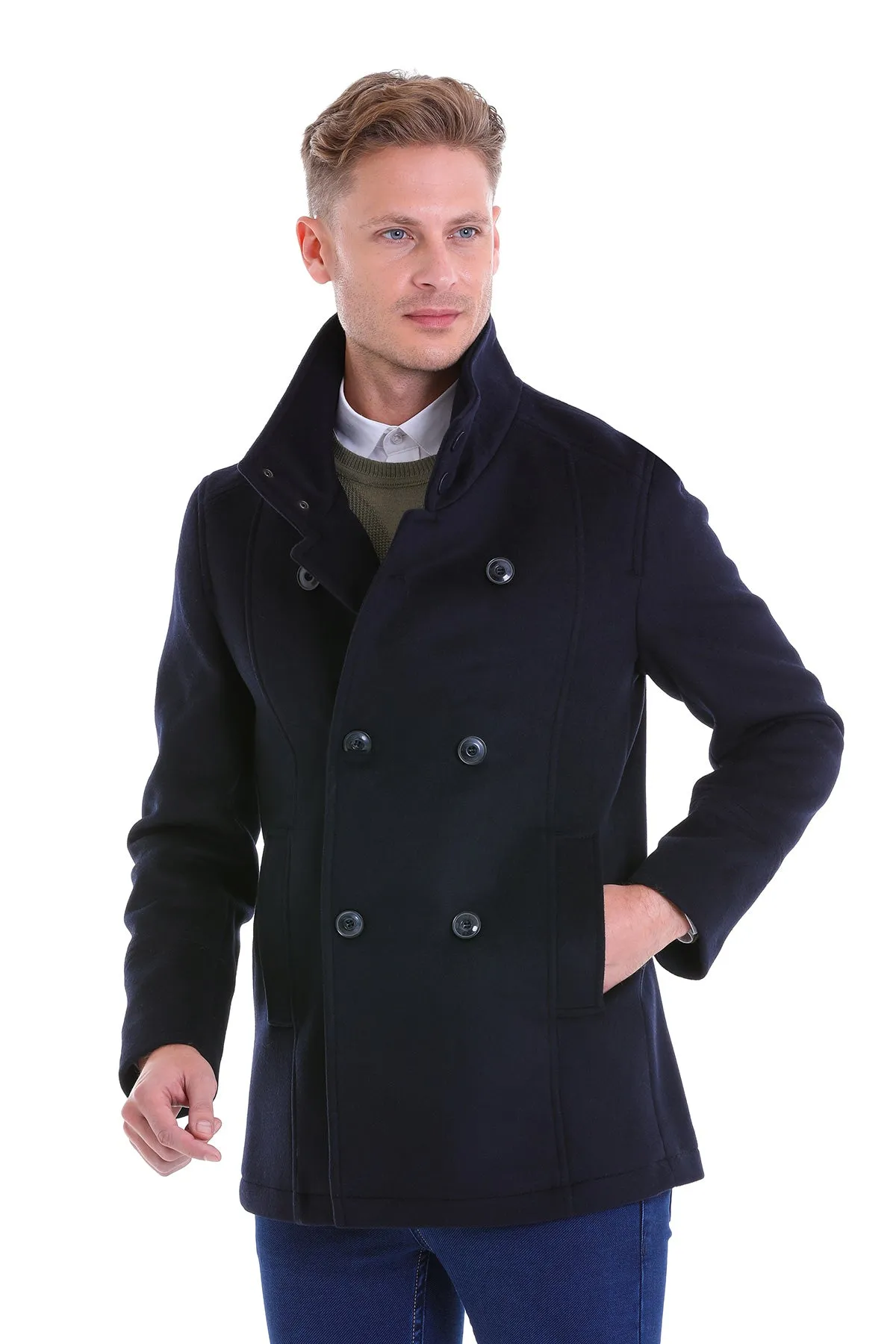 Slim Fit Cachet Double Breasted Navy Wool Blend Coat