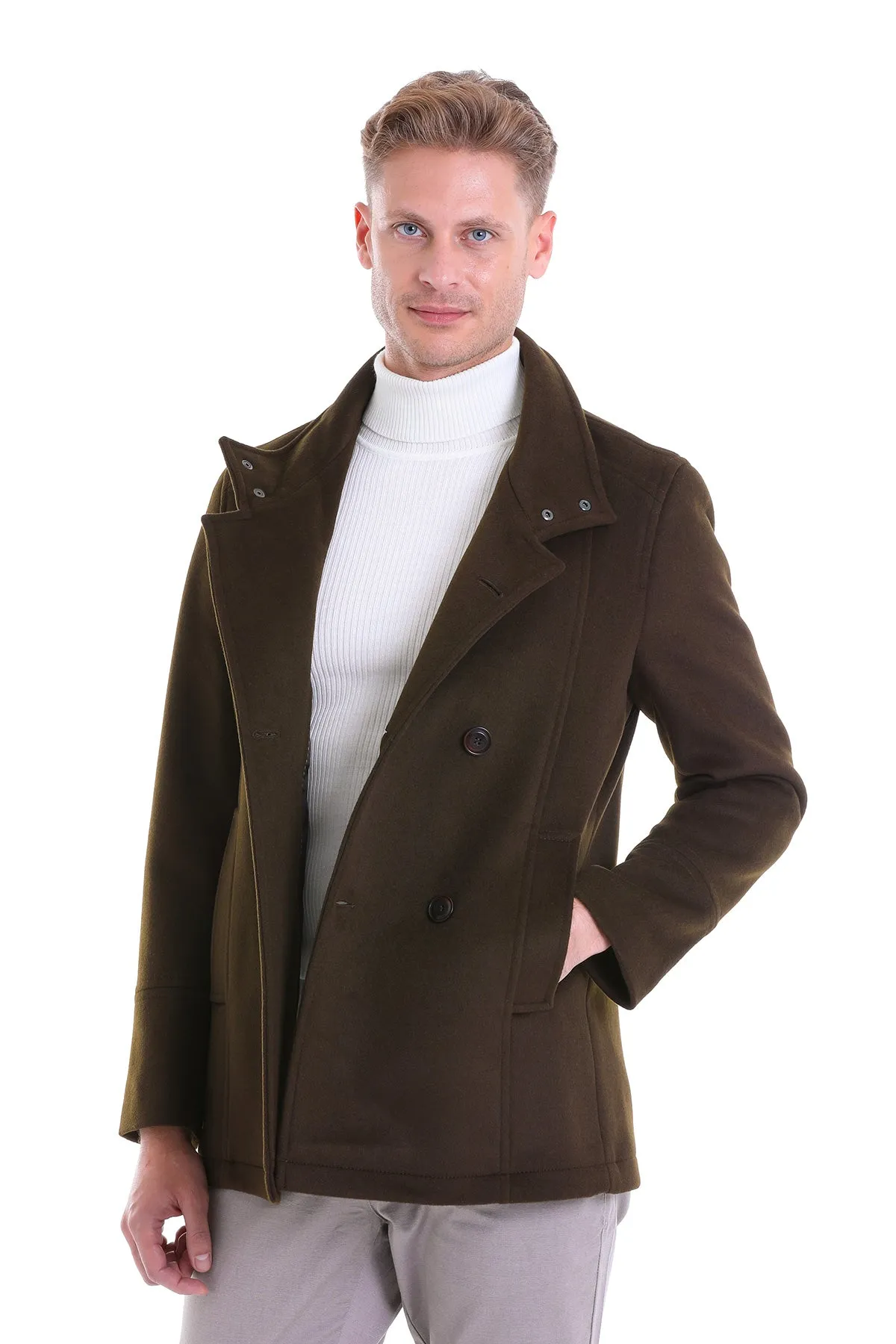 Slim Fit Double Breasted Khaki Wool Blend Coat