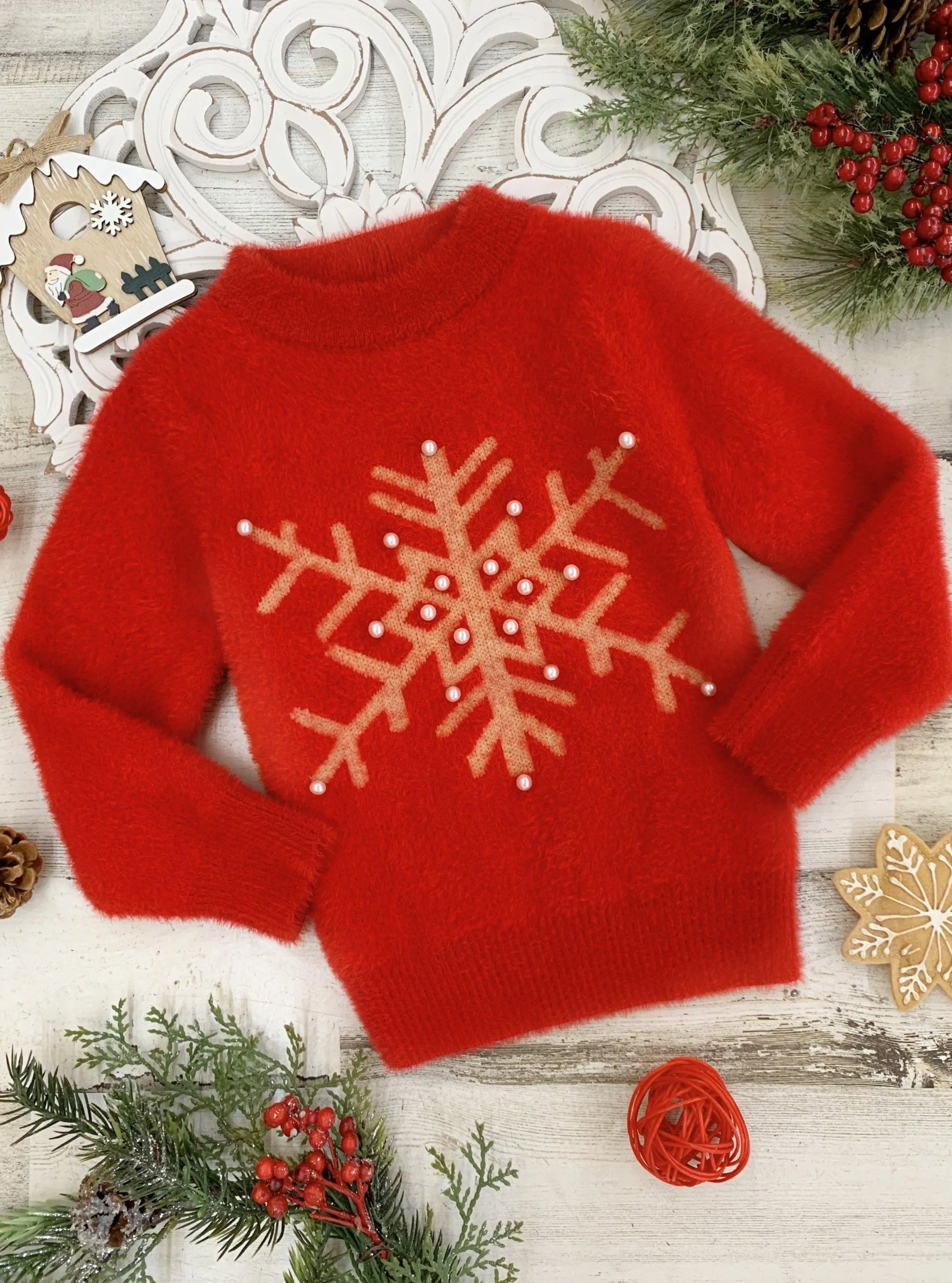 Snowflake and Pearls Fuzzy Holiday Sweater