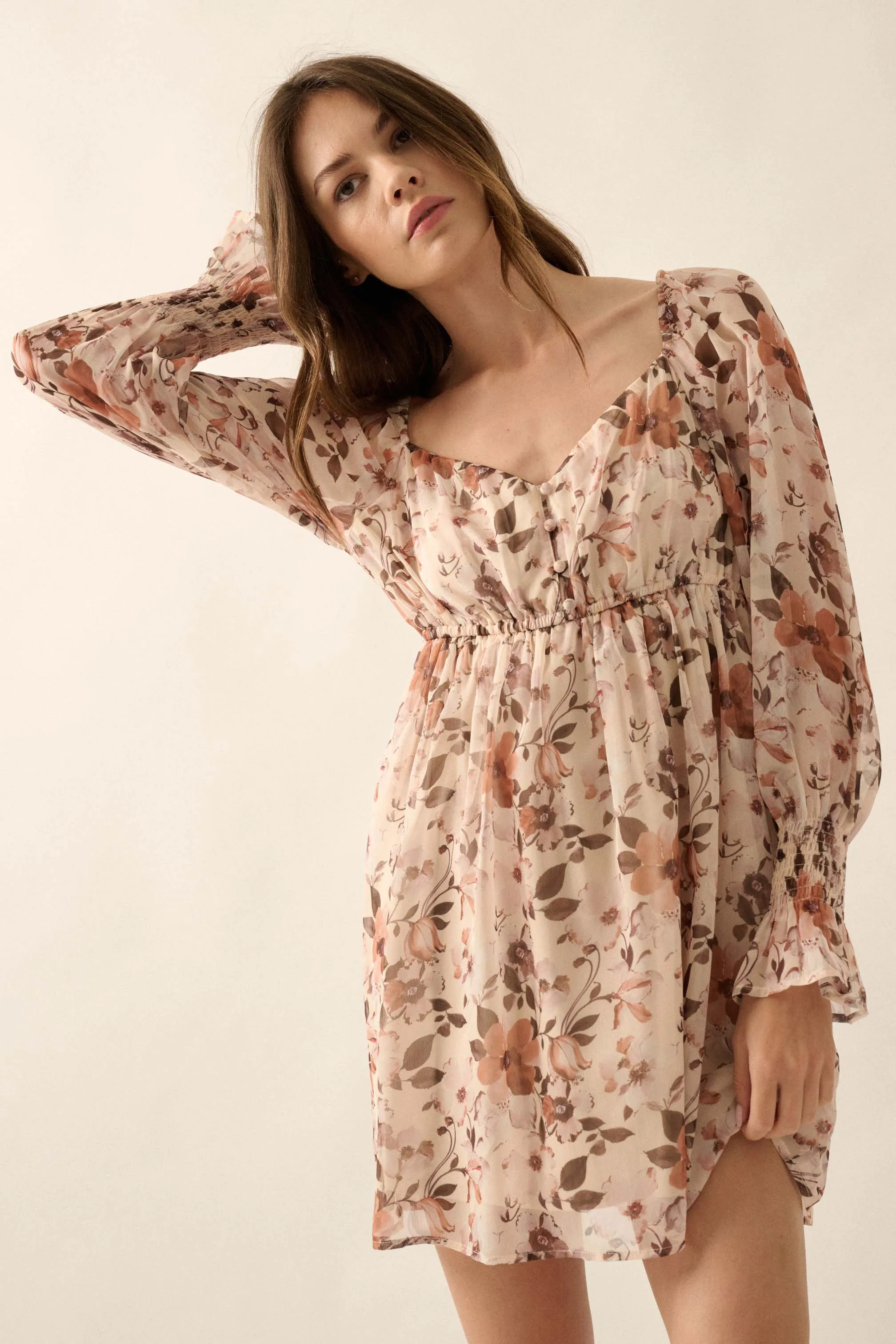 Soft Petals Floral Chiffon Babydoll Mini Dress