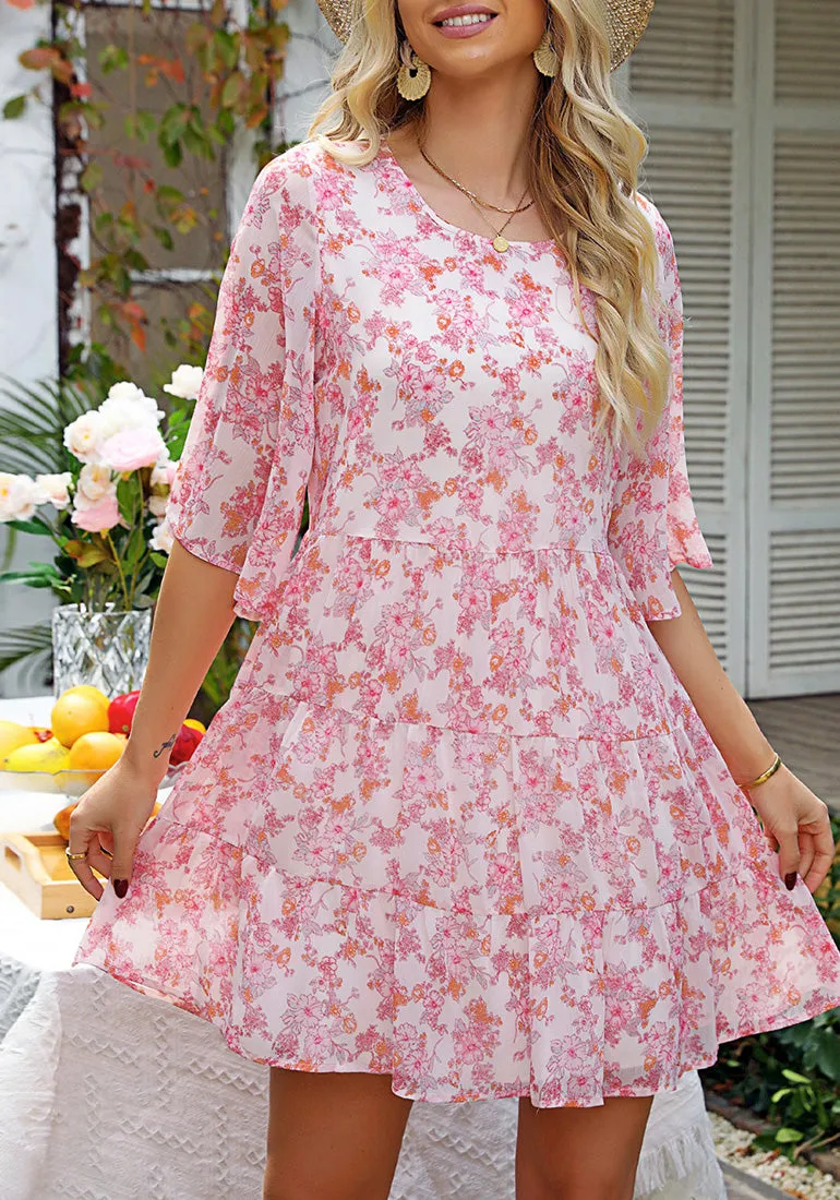 Soft Pink Floral Floral Babydoll Dress for Women Chiffon Cute Flowy Summer Beach Short Dresses with Pockets