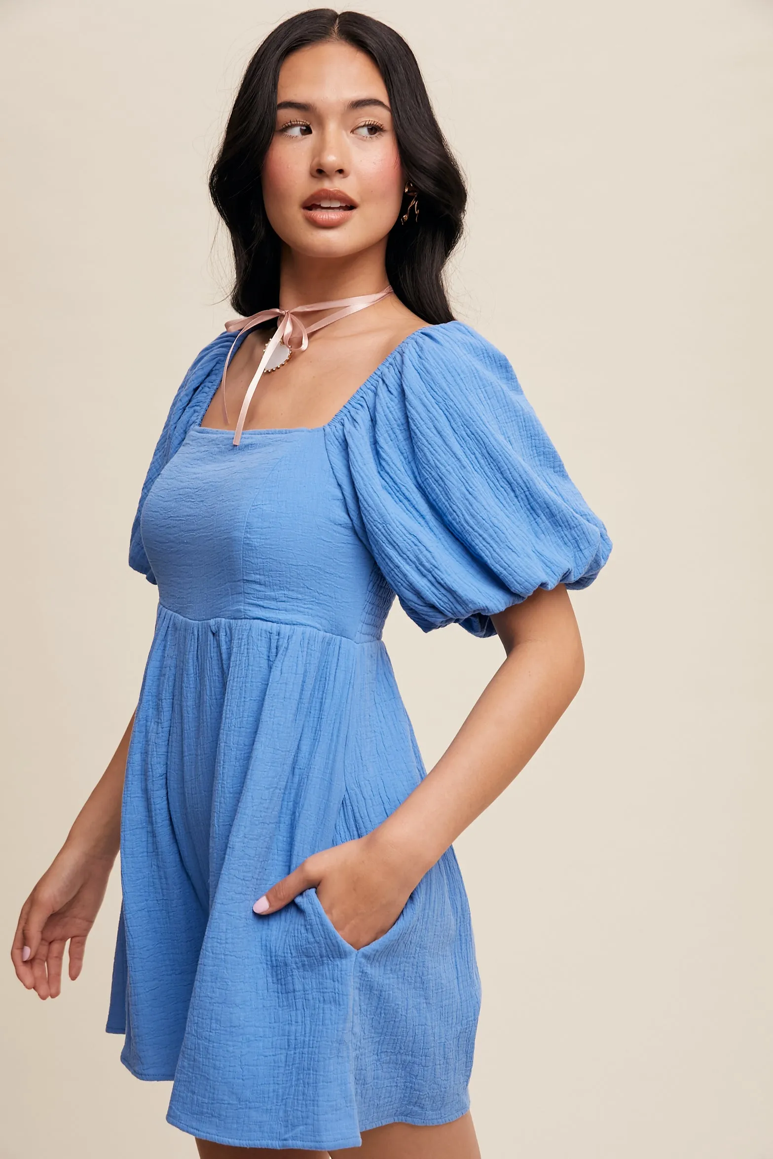 Square Neck Puff Sleeve Babydoll Romper