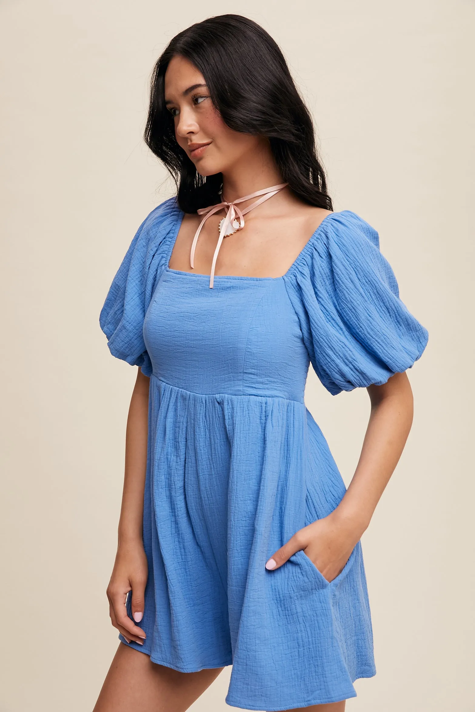 Square Neck Puff Sleeve Babydoll Romper