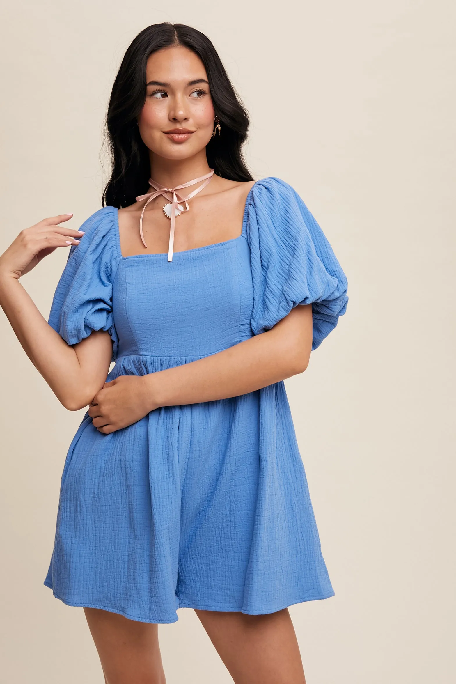 Square Neck Puff Sleeve Babydoll Romper