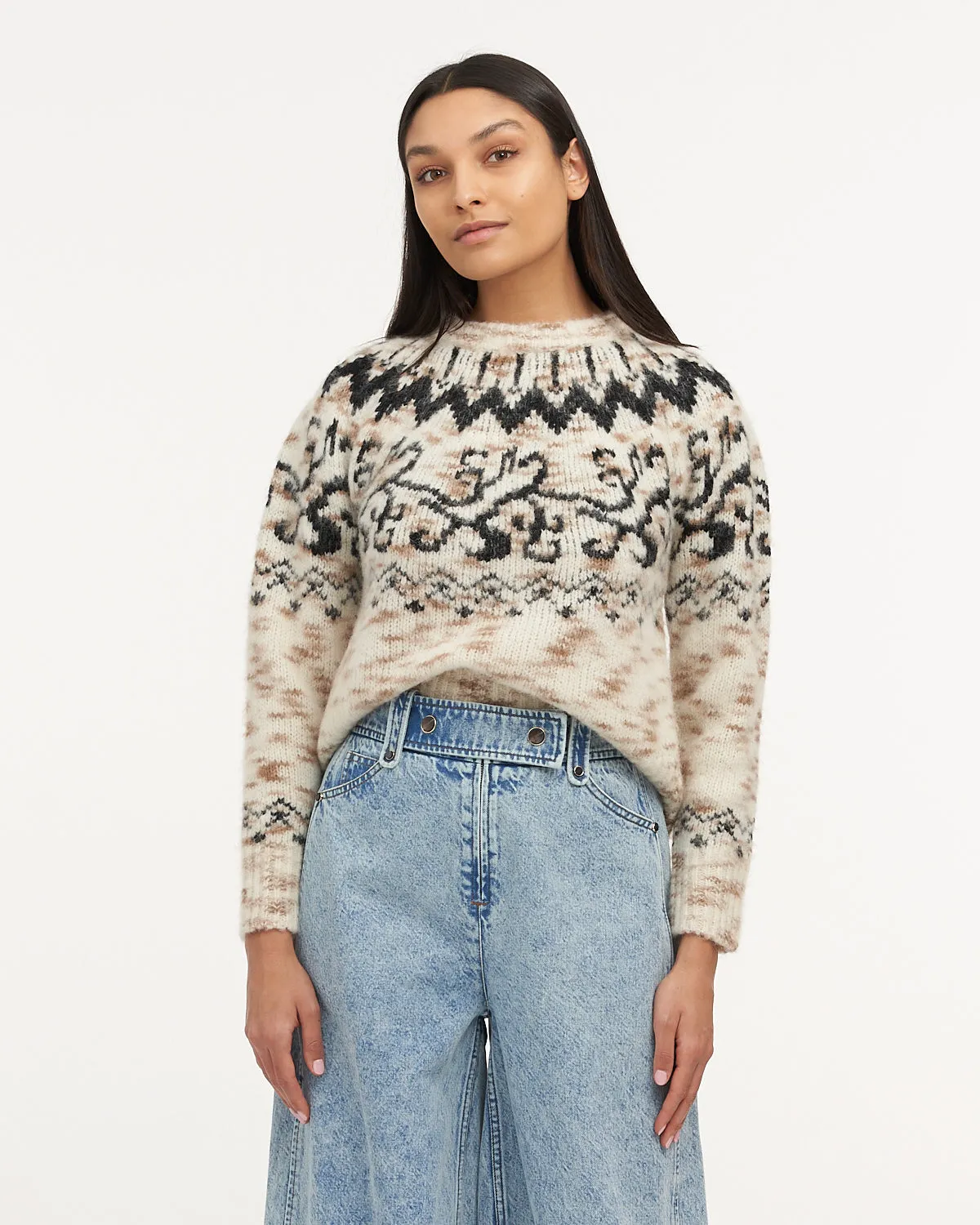 Tanya Taylor - Duke Fair Isle Knit Sweater in Cream/Taupe