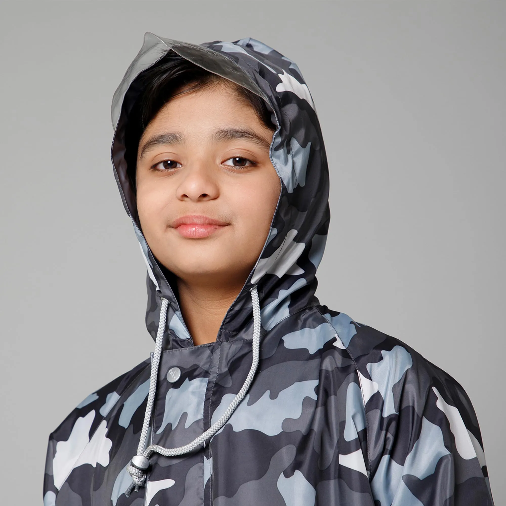 THE CLOWNFISH Comrad Series Kids Waterproof Nylon Double Coating Reversible Raincoat with Hood and Reflector Logo at Back. Set of Top and Bottom. Printed Plastic Pouch. Kid Age-11-13 years(Grey Camo)