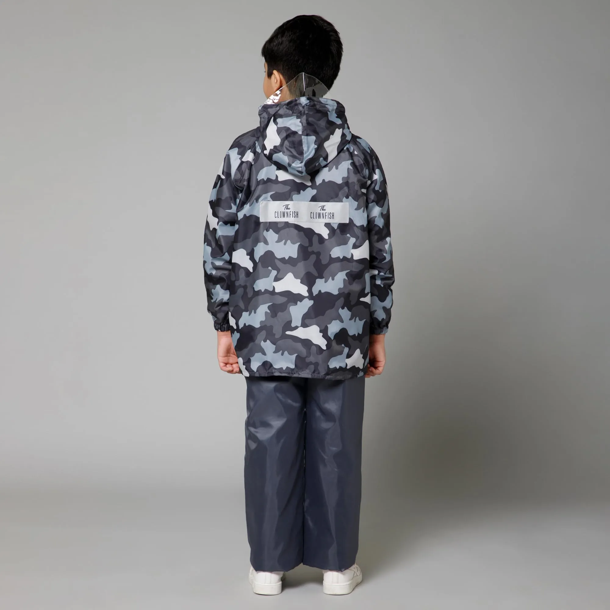 THE CLOWNFISH Comrad Series Kids Waterproof Nylon Double Coating Reversible Raincoat with Hood and Reflector Logo at Back. Set of Top and Bottom. Printed Plastic Pouch. Kid Age-11-13 years(Grey Camo)