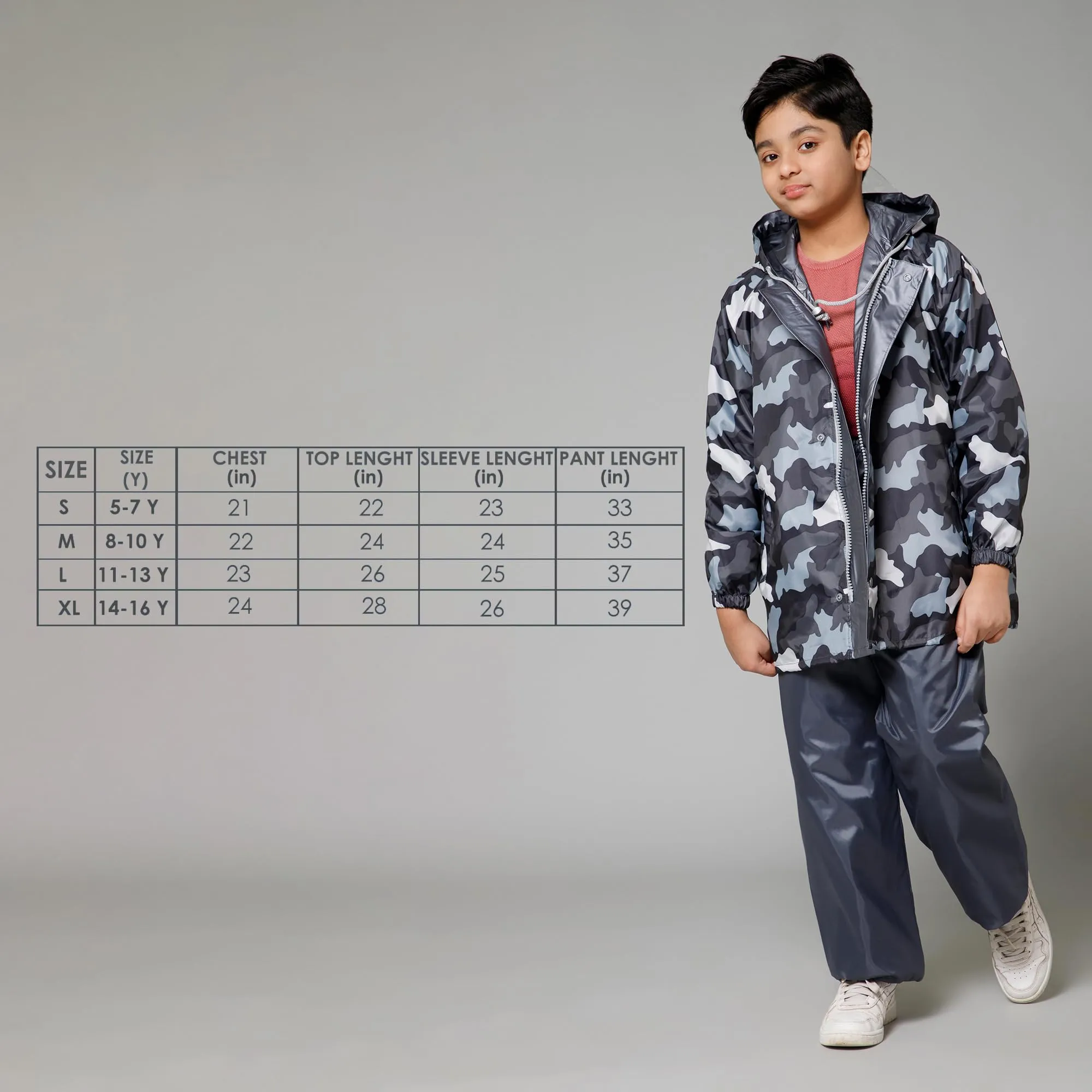 THE CLOWNFISH Comrad Series Kids Waterproof Nylon Double Coating Reversible Raincoat with Hood and Reflector Logo at Back. Set of Top and Bottom. Printed Plastic Pouch. Kid Age-11-13 years(Grey Camo)