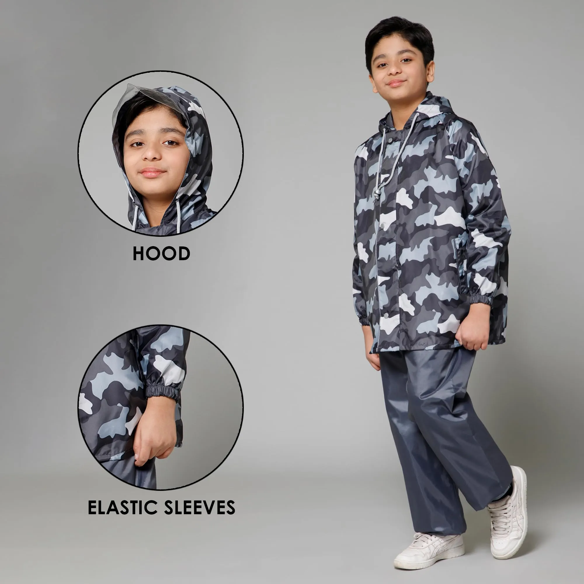 THE CLOWNFISH Comrad Series Kids Waterproof Nylon Double Coating Reversible Raincoat with Hood and Reflector Logo at Back. Set of Top and Bottom. Printed Plastic Pouch. Kid Age-11-13 years(Grey Camo)