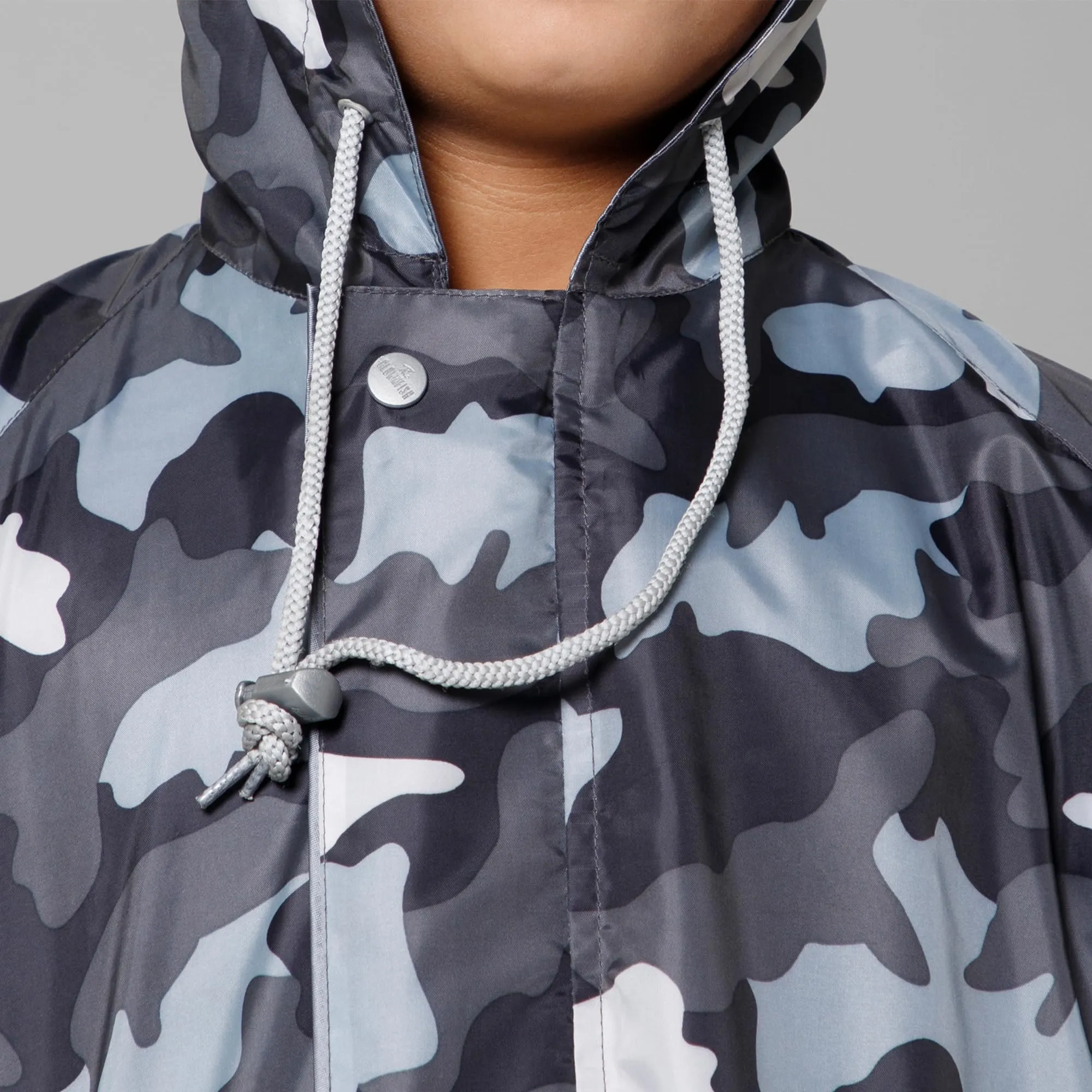 THE CLOWNFISH Comrad Series Kids Waterproof Nylon Double Coating Reversible Raincoat with Hood and Reflector Logo at Back. Set of Top and Bottom. Printed Plastic Pouch. Kid Age-11-13 years(Grey Camo)