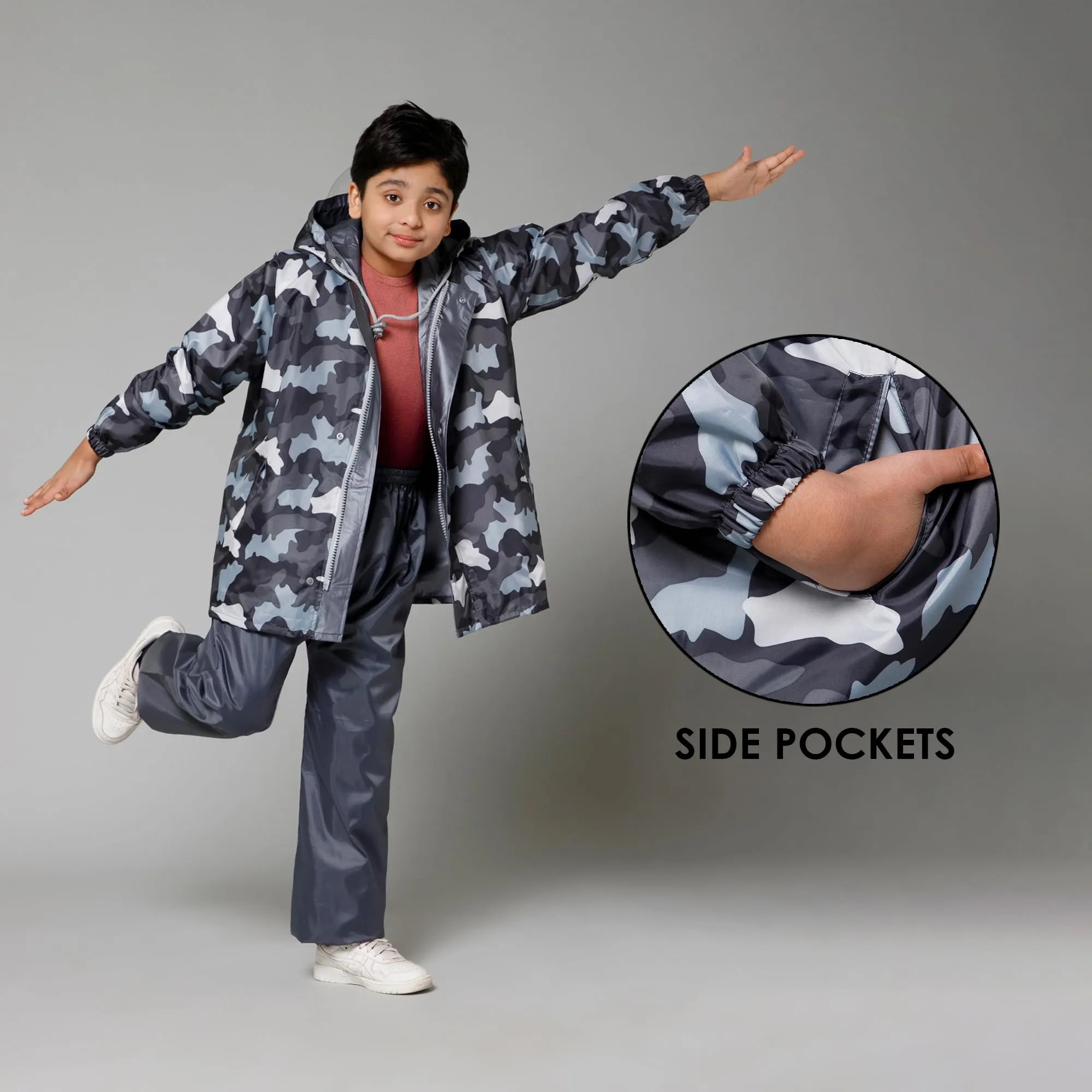 THE CLOWNFISH Comrad Series Kids Waterproof Nylon Double Coating Reversible Raincoat with Hood and Reflector Logo at Back. Set of Top and Bottom. Printed Plastic Pouch. Kid Age-11-13 years(Grey Camo)