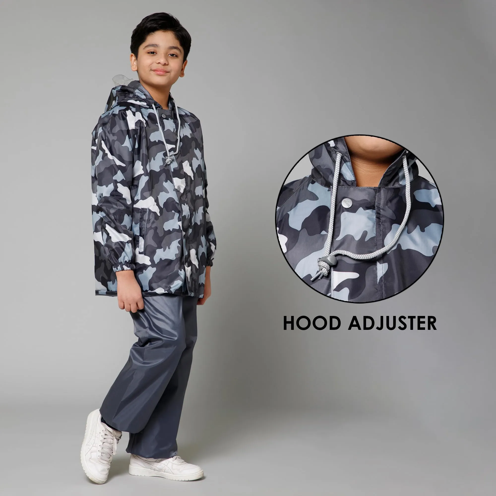 THE CLOWNFISH Comrad Series Kids Waterproof Nylon Double Coating Reversible Raincoat with Hood and Reflector Logo at Back. Set of Top and Bottom. Printed Plastic Pouch. Kid Age-11-13 years(Grey Camo)