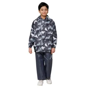 THE CLOWNFISH Comrad Series Kids Waterproof Nylon Double Coating Reversible Raincoat with Hood and Reflector Logo at Back. Set of Top and Bottom. Printed Plastic Pouch. Kid Age-8-10 years(Grey Camo)