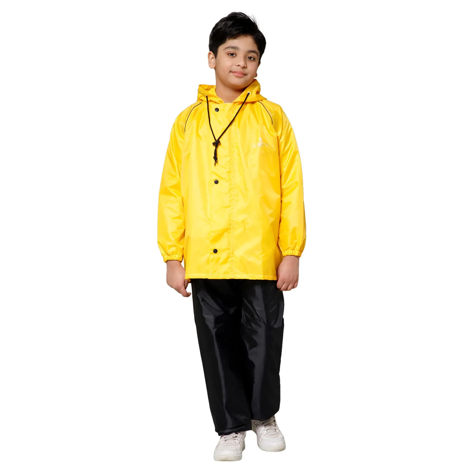 THE CLOWNFISH Duke Series Kids Waterproof Polyester Double Coating Reversible Raincoat with Hood and Reflector Logo at Back. Set of Top and Bottom. Printed Plastic Pouch. Kid Age-8-10 years (Yellow)