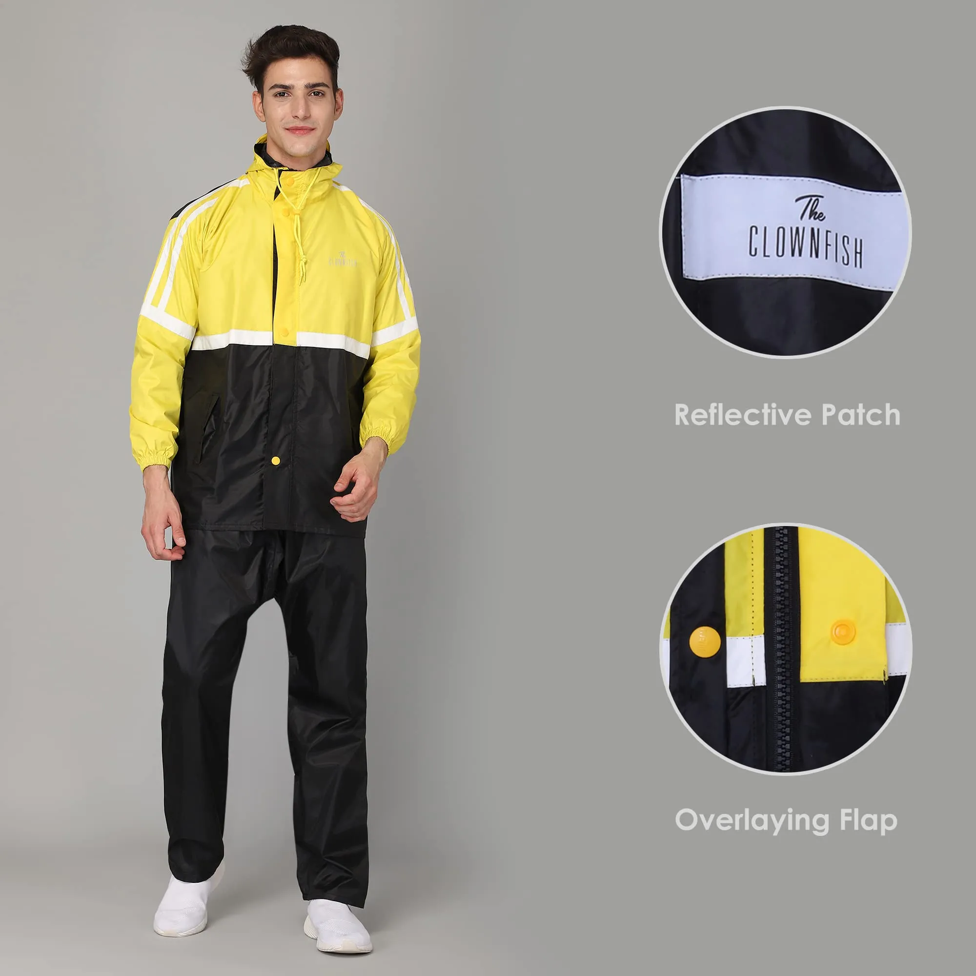 THE CLOWNFISH Marcus Men's Waterproof Polyester Double Coating Reversible Raincoat with Hood and Reflector Logo at Back. Set of Top and Bottom. Printed Plastic Pouch with Rope (Black, XX-Large)