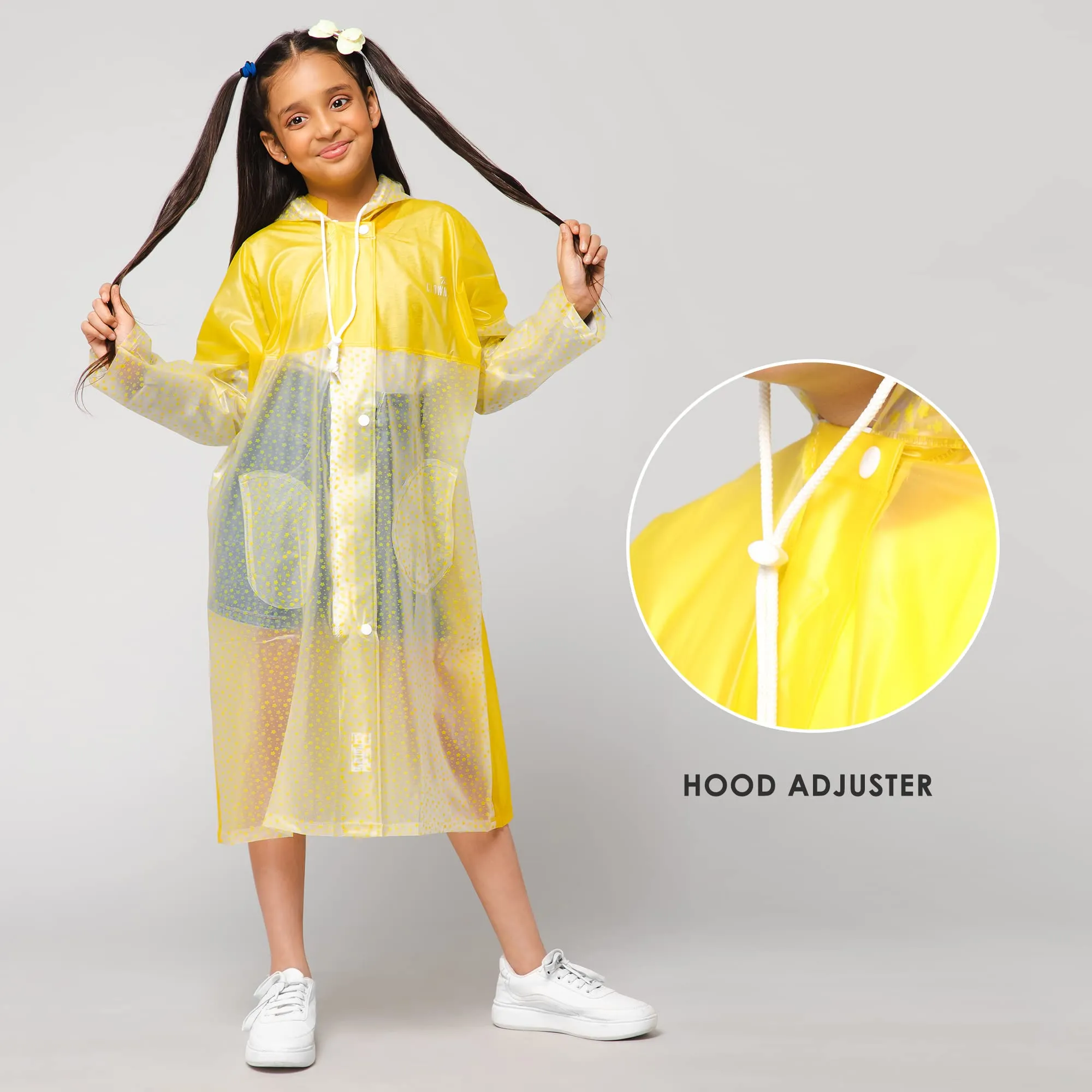 THE CLOWNFISH Misty Magic Series Unisex Kids Waterproof Single Layer PVC Longcoat/Raincoat with Adjustable Hood. Age-3-4 Years (Lemon Yellow)