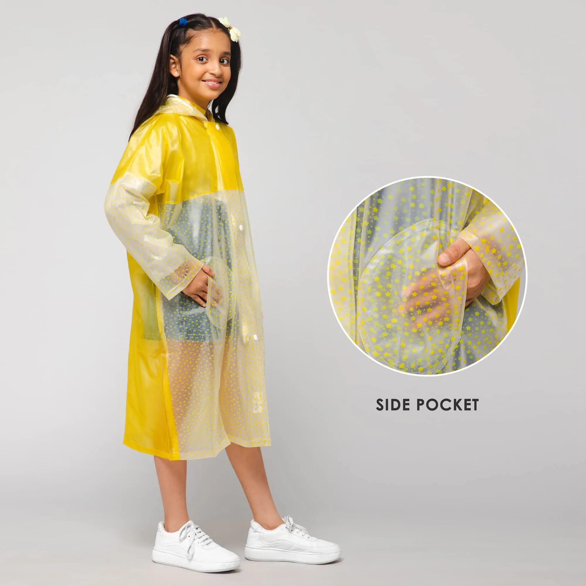 THE CLOWNFISH Misty Magic Series Unisex Kids Waterproof Single Layer PVC Longcoat/Raincoat with Adjustable Hood. Age-3-4 Years (Lemon Yellow)