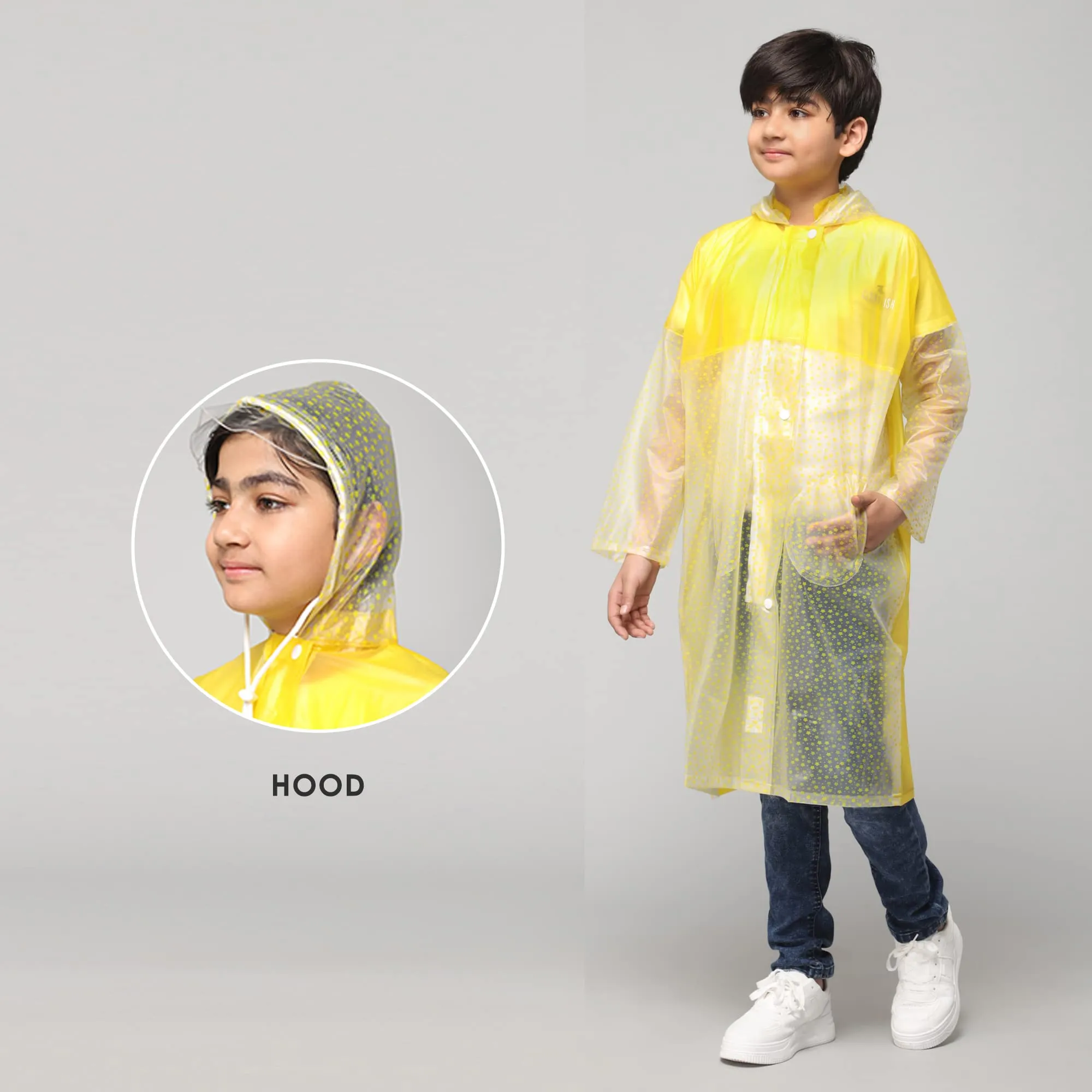 THE CLOWNFISH Misty Magic Series Unisex Kids Waterproof Single Layer PVC Longcoat/Raincoat with Adjustable Hood. Age-3-4 Years (Lemon Yellow)