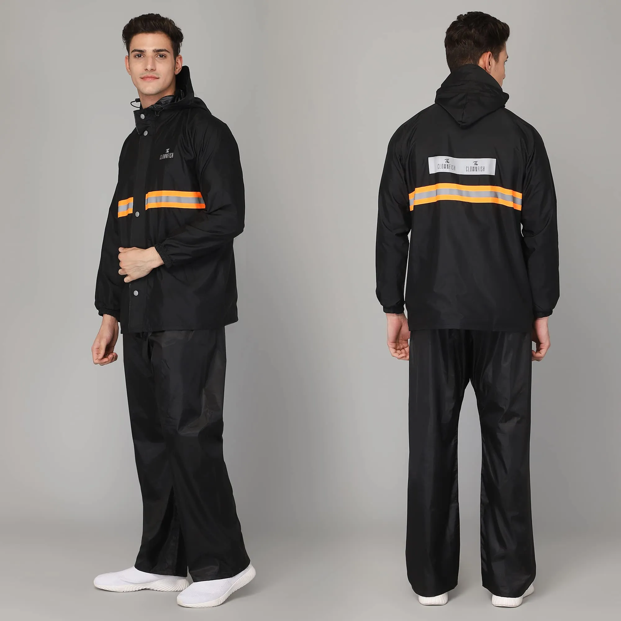 THE CLOWNFISH Philip Series Men's Waterproof Polyester Double Coating Reversible Raincoat with Hood and Reflector Logo at Back. Set of Top and Bottom. Printed Plastic Pouch with Rope (Black, X-Large)