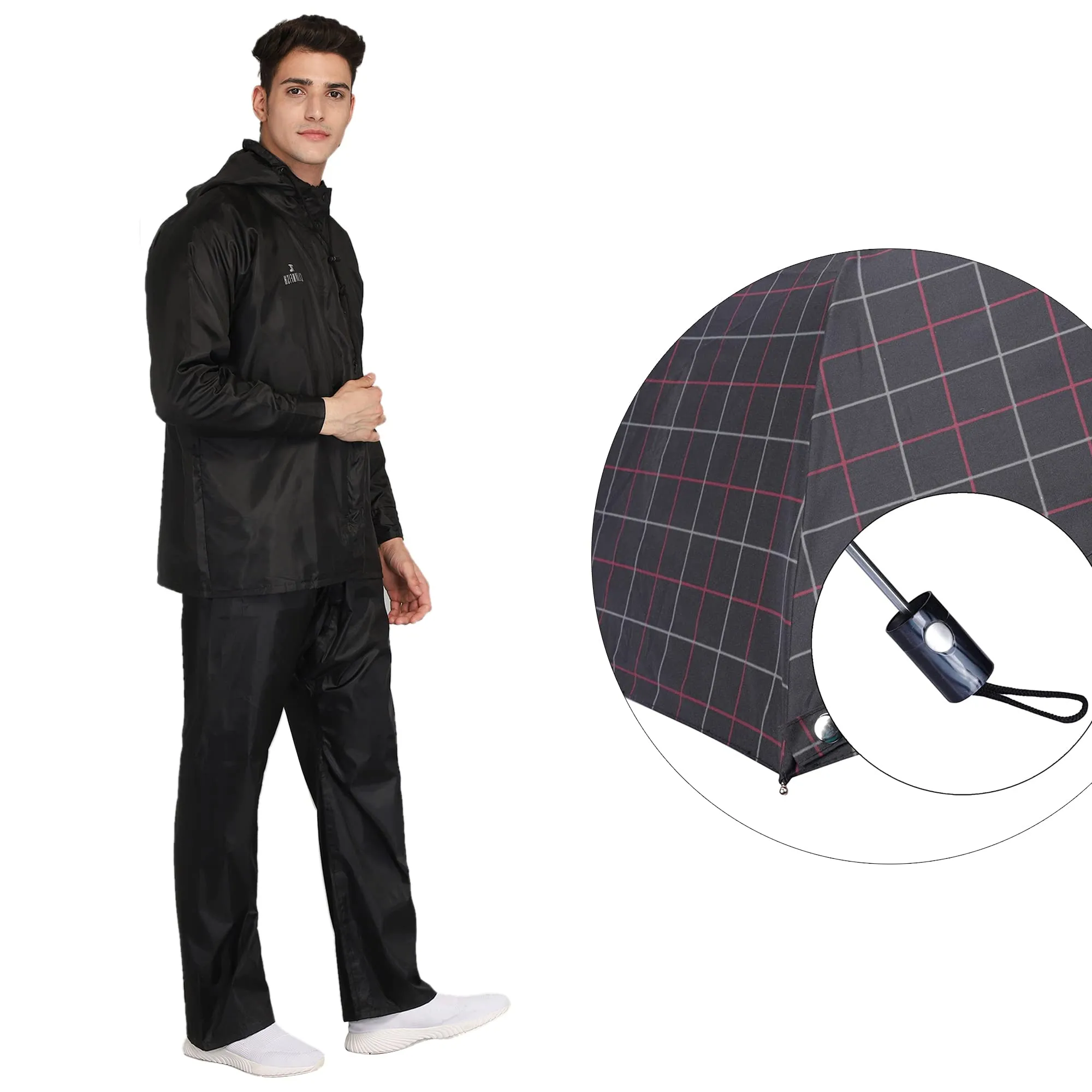 THE CLOWNFISH Polyester Combo Of Standard Length Rain Coat For Men Waterproof Polyester (Black 2Xl) Umbrella 3 Fold Waterproof Pongee (Checks Design- Dark Pink)