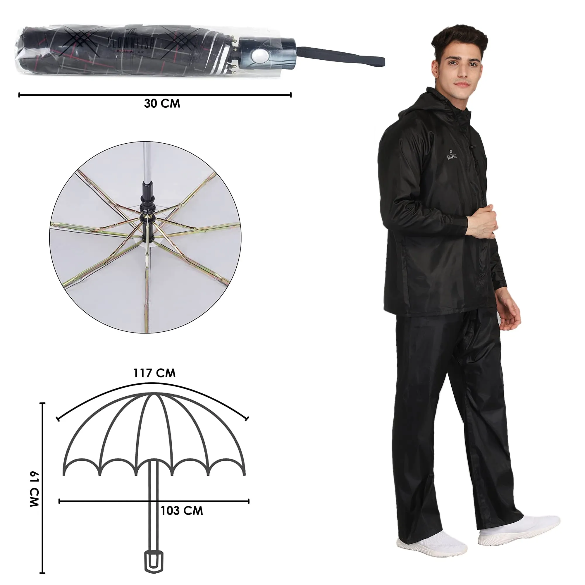 THE CLOWNFISH Polyester Combo Of Standard Length Rain Coat For Men Waterproof Polyester (Black 2Xl) Umbrella 3 Fold Waterproof Pongee (Checks Design- Dark Pink)