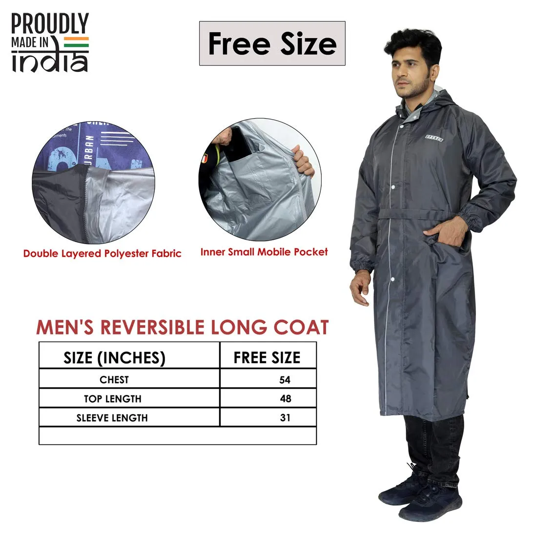 THE CLOWNFISH Polyester Reversible Use Unisex Waterproof Long Coat Standard Length Raincoat For Men&Women With Adjustable Hood And Reflector At Back For Night Visibility Opener Series(Grey-Free Size)