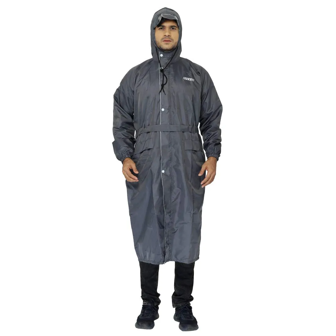 THE CLOWNFISH Polyester Reversible Use Unisex Waterproof Long Coat Standard Length Raincoat For Men&Women With Adjustable Hood And Reflector At Back For Night Visibility Opener Series(Grey-Free Size)