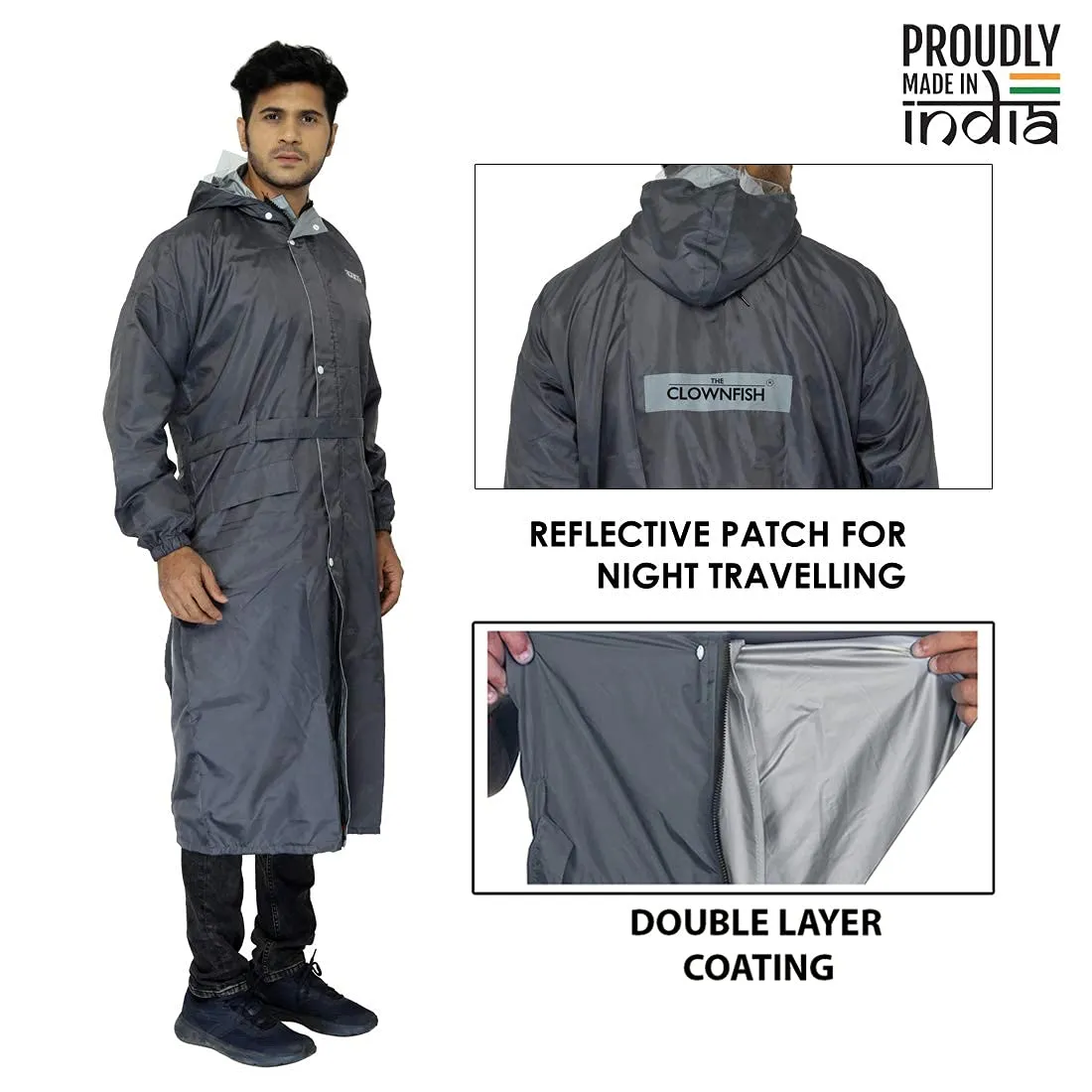 THE CLOWNFISH Polyester Reversible Use Unisex Waterproof Long Coat Standard Length Raincoat For Men&Women With Adjustable Hood And Reflector At Back For Night Visibility Opener Series(Grey-Free Size)