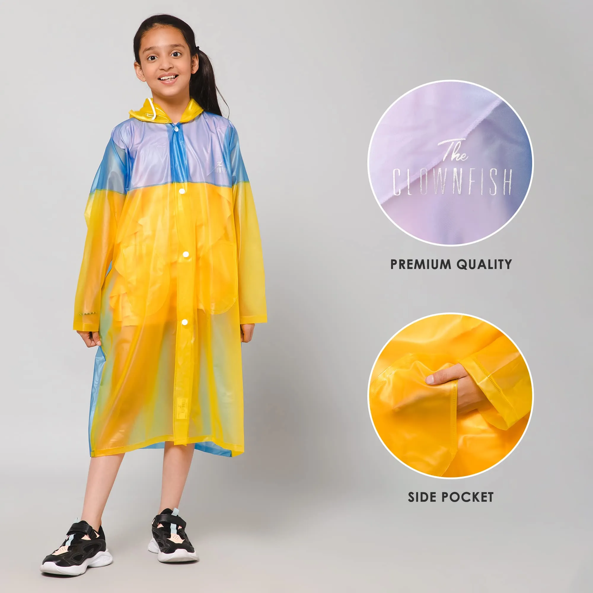 THE CLOWNFISH Puddle Jumper Series Unisex Kids Waterproof Single Layer PVC Longcoat/Raincoat with Adjustable Hood. Age-3-4 Years (Fluoroscent Blue)