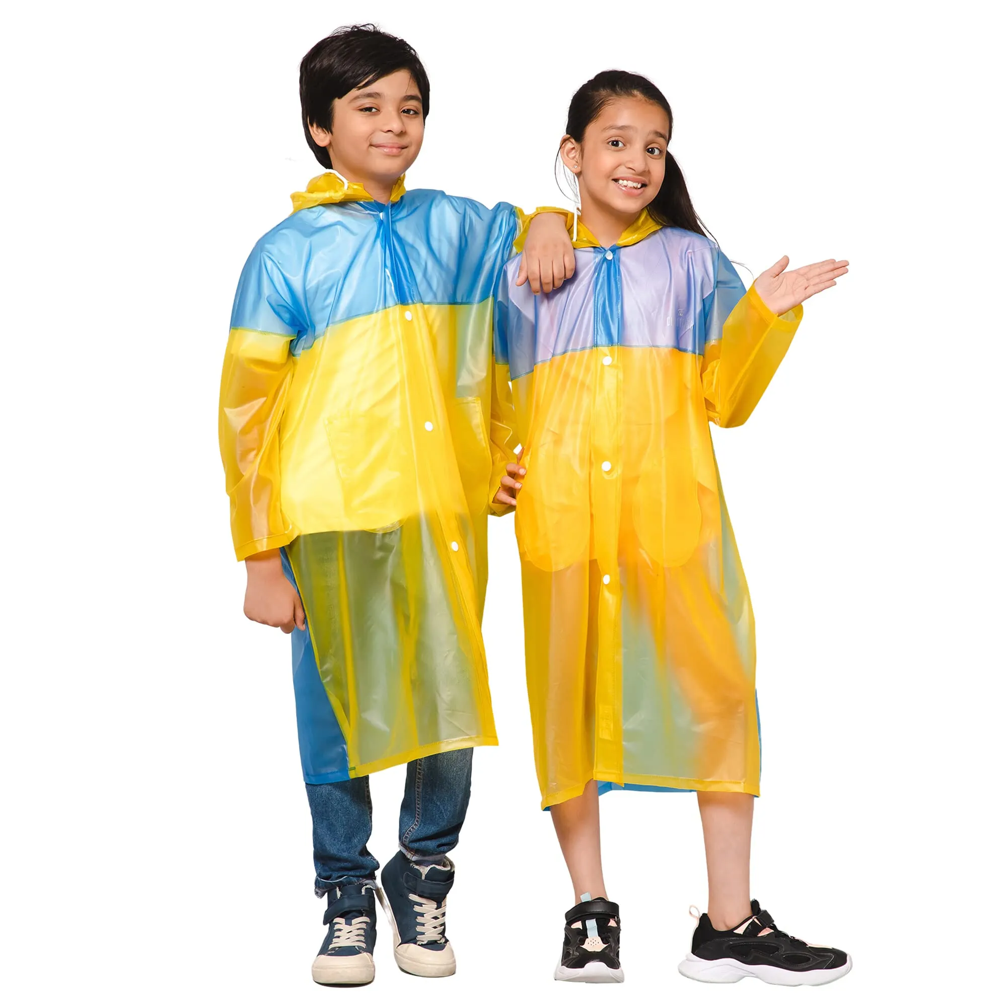 THE CLOWNFISH Puddle Jumper Series Unisex Kids Waterproof Single Layer PVC Longcoat/Raincoat with Adjustable Hood. Age-3-4 Years (Fluoroscent Blue)